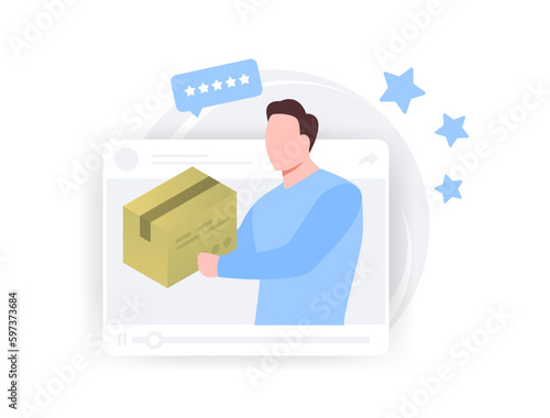Customer Testimonial Video concept. Feedback video with happy buyer tells his positive experience from purchase and product. Marketing strategy to attract new customers. Isolated on white background