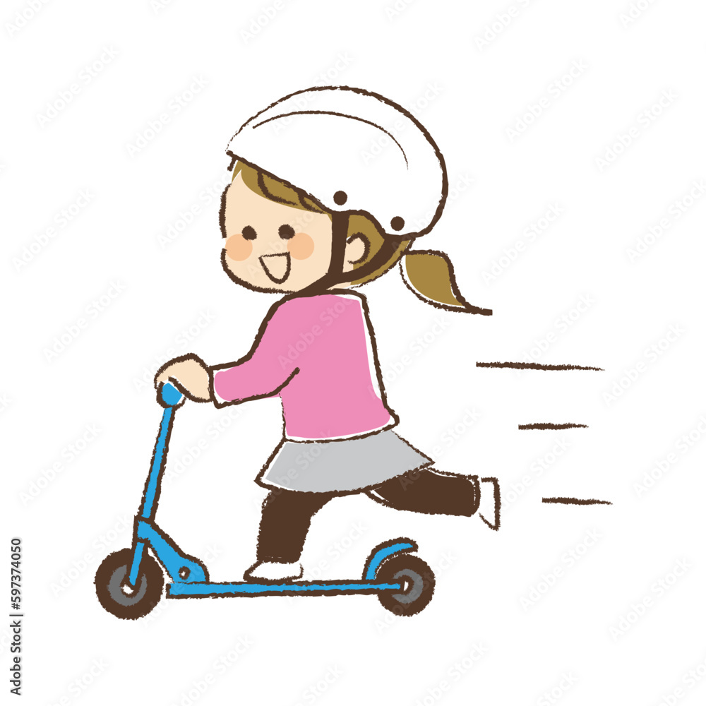 ヘルメットを被ってキックボードに乗っている女児 ヘルメットを被ってキックボードに乗っている女児
