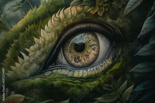 A watercolor depiction of a dinosaur s eye surrounded by ferns. Generative AI