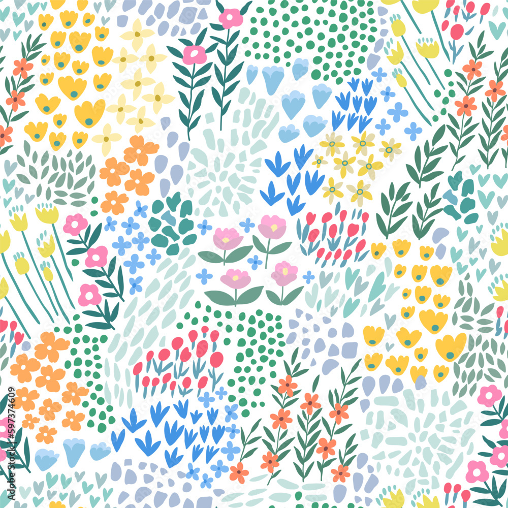 A pattern of abstract bright spring and summer flowers on a white background.