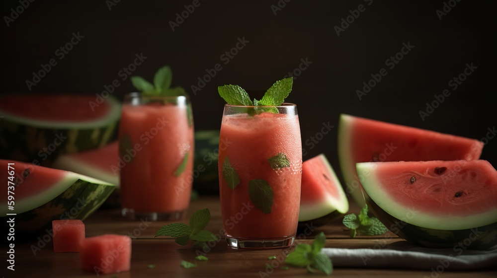 Two glasses of watermelon mint smoothie Two glasses of watermelon mint smoothie