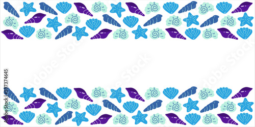 Marine banner of mollusk seashells and starfish