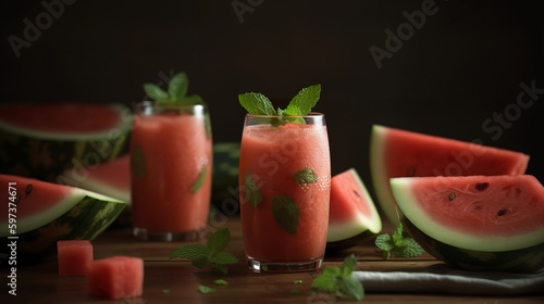 Two glasses of watermelon mint smoothie