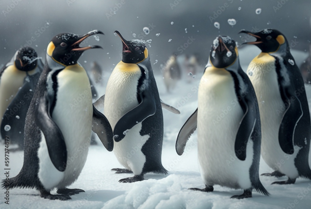 Fototapeta premium penguins playing in the snow. generative ai