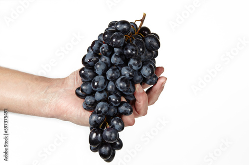 Men's hand holding a bunch of grapes isolated white background. Branch of ripe blue grape, space for text