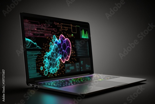 laptop with data analytics isolated black background. generative ai