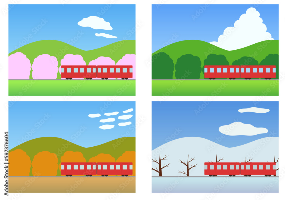 Naklejka premium 電車のある四季の風景