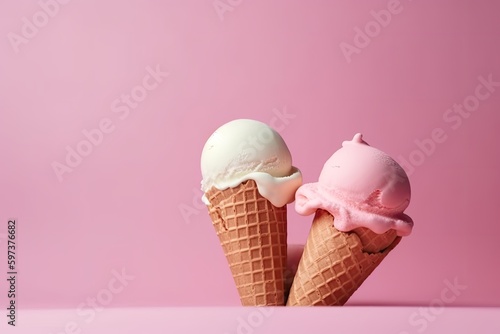 Waffle cones with ice cream on pink background. AI-generated