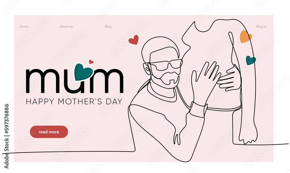Fototapeta premium Happy mothers day illustration with woman holding a Flowers. Thank you card with blooming flowers. Use for Boarding Pass, birthday card, invitations, Birthday card 