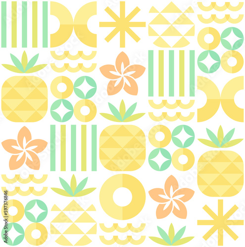 Seamless pattern with geometric pineapples, stripes, hibiscus flowers, and abstract shapes. For wallpaper, mural, wrapping paper, poster background, etc.