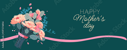 Happy mothers day illustration with woman holding a Flowers. Thank you card with blooming flowers. Use for Boarding Pass, birthday card, invitations, Birthday card 