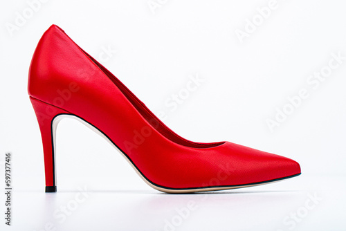 Red shoe for women. Beauty and fashion concept. Fashionable women shoes isolated on white background. Red high heel women shoes on white background
