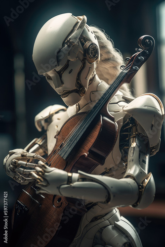 Robot playing violin. Ai with a musical instrument. Futuristic concept technology generative ai.