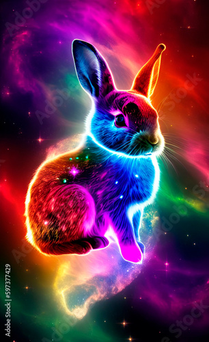 Cure rabbit on space background with nebulas and stars, AI generated 