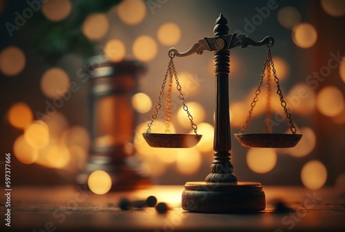 Judge's gavel and Scales of Justice with bokeh background. Judicial law concept, Generative AI