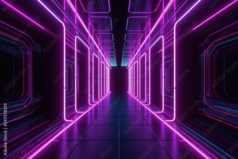 Empty tunnel perspective view purple neon lights illumination  Generative AI