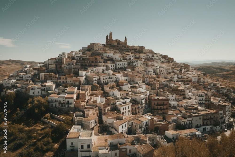 Lebrija, a Spanish city in Andalusia, against a background image. Generative AI