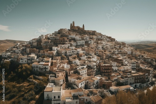 Lebrija, a Spanish city in Andalusia, against a background image. Generative AI photo