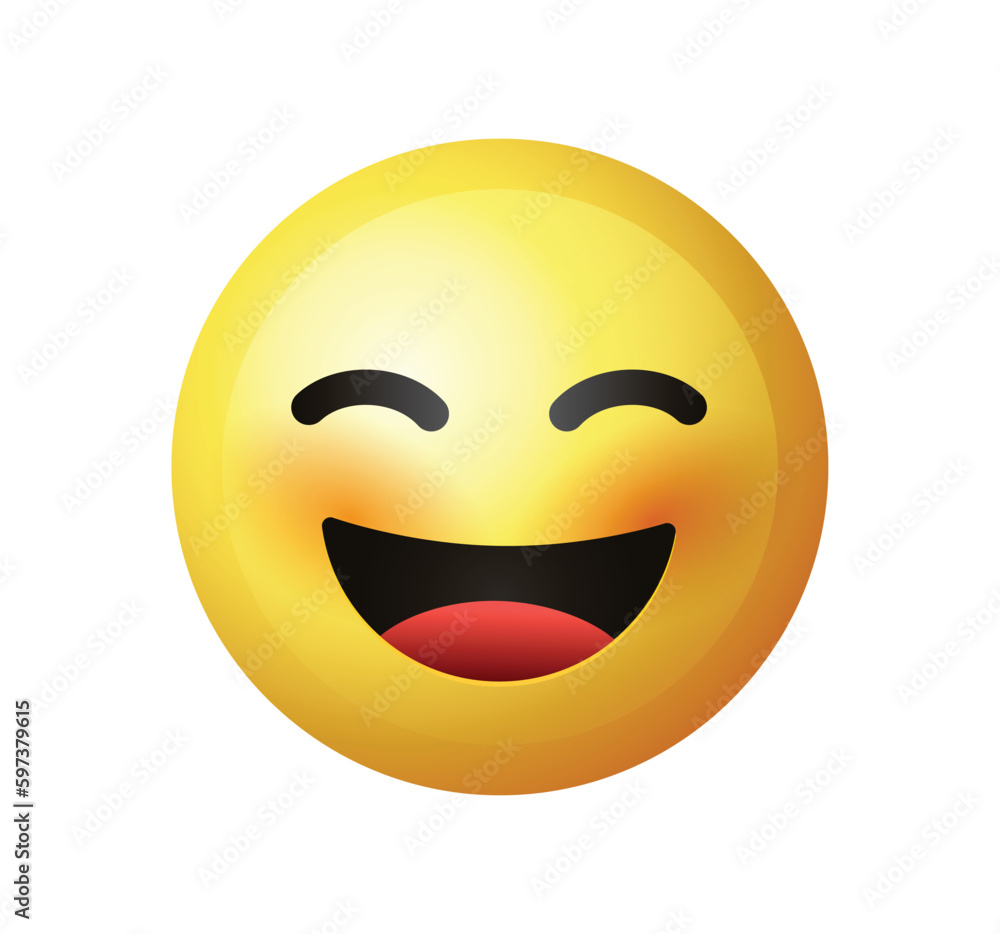 High quality emoticon on white background. Laughing emoji with closed eyes. Happy face emoji icon. 