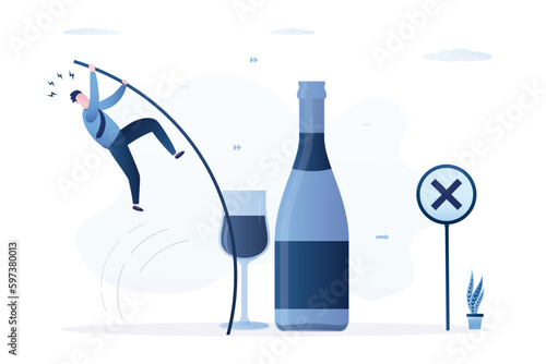 Alcoholic man pole vaults over a bottle and tries to give up harmful addiction. Way to healthy lifestyle. Alcohol addiction, dependence, hangover. Alcoholism, social issues.