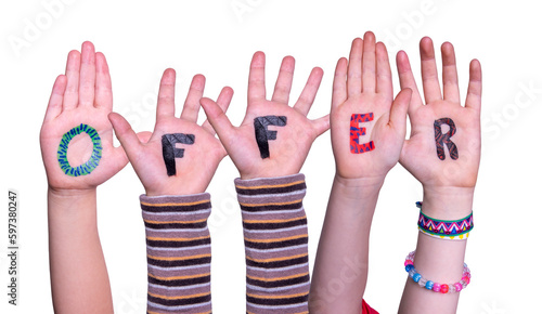 Children Hands Building Word Offer, Isolated Background