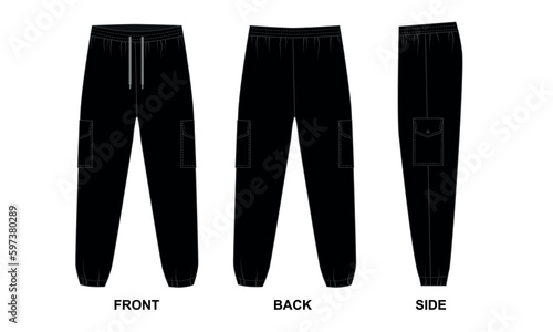Cargo pants template front, back and side view. Technical drawing of sports trousers with patch pockets, black. Sketch Joggers with pockets in casual style, vector.