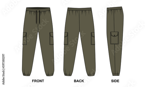 Technical drawing of sports trousers with patch pockets, khaki. Cargo pants template front, back and side view. Sketch joggers with pockets in military style, vector. photo