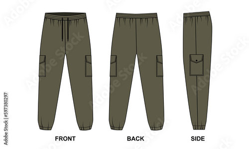 Technical drawing of sports trousers with patch pockets, khaki. Cargo pants template front, back and side view. Sketch joggers with pockets in military style, vector.