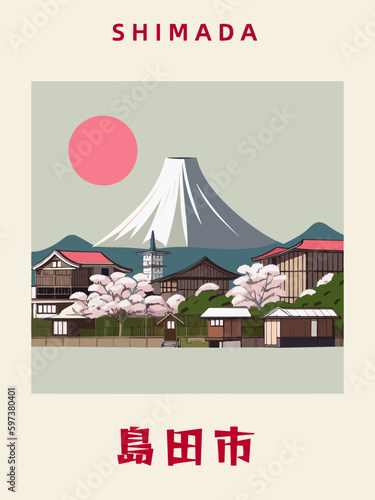 Shimada: Japanisches Vintage Poster mit einer Illustration und dem Stadtnamen Shimada in der Präfektur Shizuoka