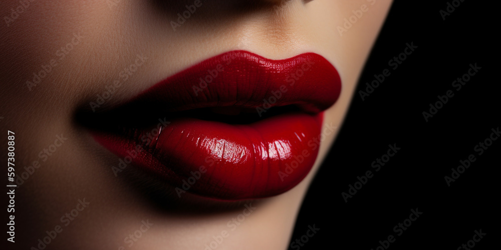 Obraz premium Sexy Mund mit rotem Lippenstift einer Frau Nahaufnahme, ai generativ
