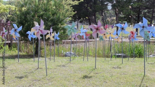 Spinning pinwheels at DMZ Unification Observation park on sunny afternoon. photo