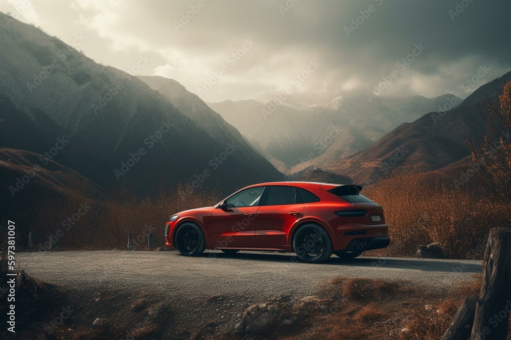 A red vehicle parked on a road with mountains in the background during the day. Generative AI