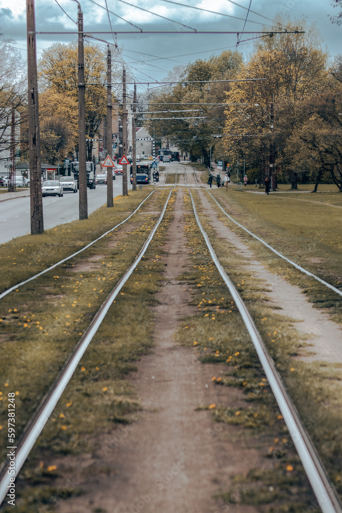 tram tracks in the center of a big city, people's lives, everyday life