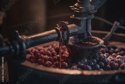 Photo Traditional wine making using a winepress with red must and helical screw to filter grape must