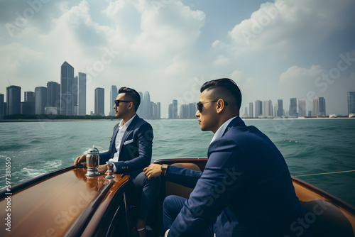 Two businessmen in business suits and glasses sailing on expensive yacht bay against the backdrop asia skyscrapers and the business district, negotiations and meeting on the ship. Generative AI.