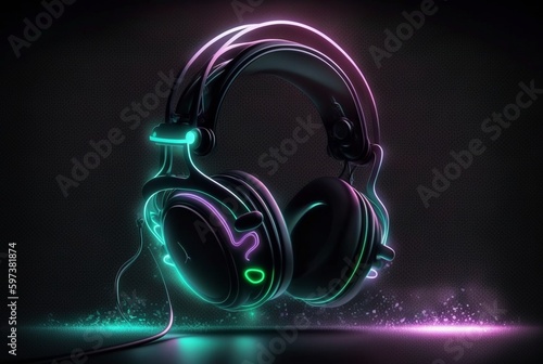 Headphones with neon light on dark background. generative AI