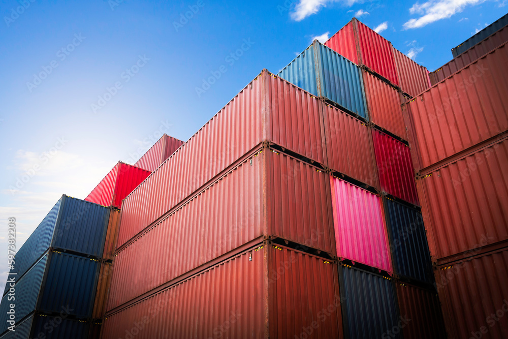 Stacked of Containers Cargo Shipping. Handling of Logistic Transportation Industry. Cargo Container ships, Freight Trucks Import-Export. Distribution Warehouse. Shipping Logistics Transport Stacked of Containers Cargo Shipping. Handling of Logistic Transportation Industry. Cargo Container ships, Freight Trucks Import-Export. Distribution Warehouse. Shipping Logistics Transport