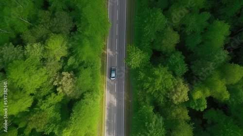 Aerial top view forest tree with car ecosystem environment concept Countryside road passing through the green forrest and mountain.