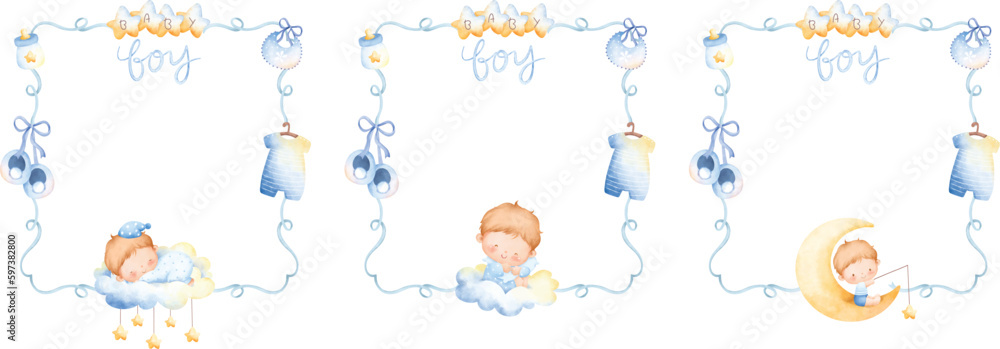 Set of pink ribbon frame with cute baby boy Set of pink ribbon frame with cute baby boy