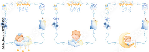 Set of pink ribbon frame with cute baby boy