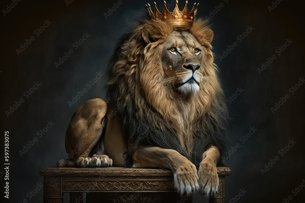 Majestic lion king wearing golden crown sitting on the wooden throne ...