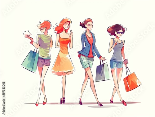 Shopping Girls Illustration on White Background - AI Generated