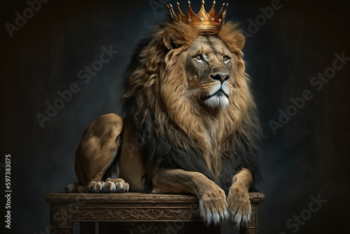 Majestic lion king wearing golden crown sitting on the wooden throne  generative AI