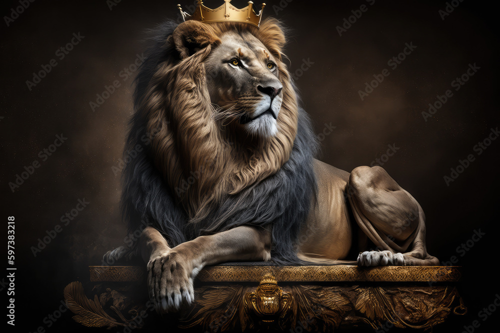Majestic lion king wearing golden crown sitting on the wooden throne ...