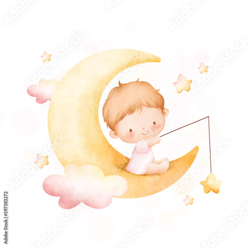 Watercolor illustration cute baby girl sits on moon