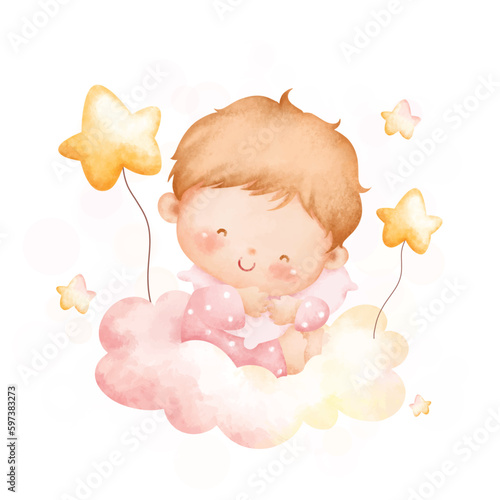 Watercolor illustration cute baby girl sits on cloud with stars
