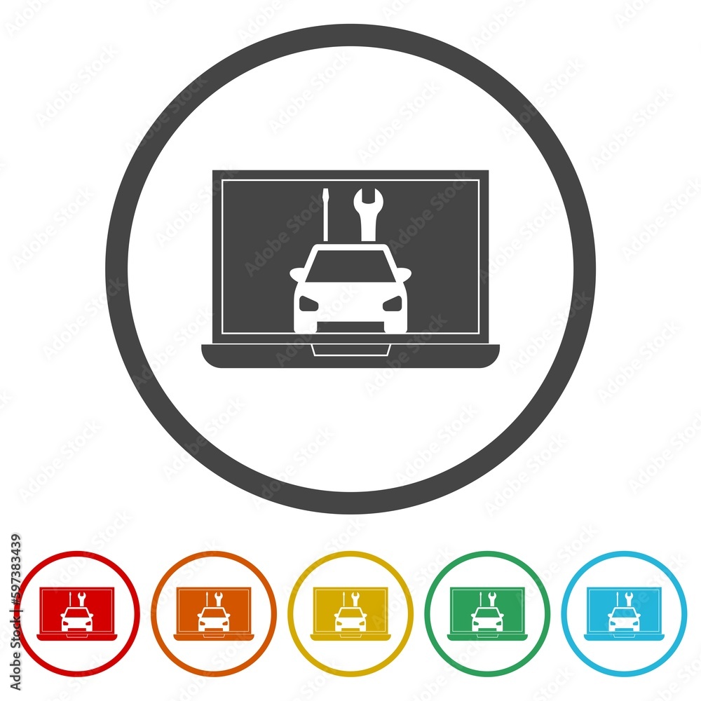 Car service laptop icon. Set icons in color circle buttons Car service laptop icon. Set icons in color circle buttons