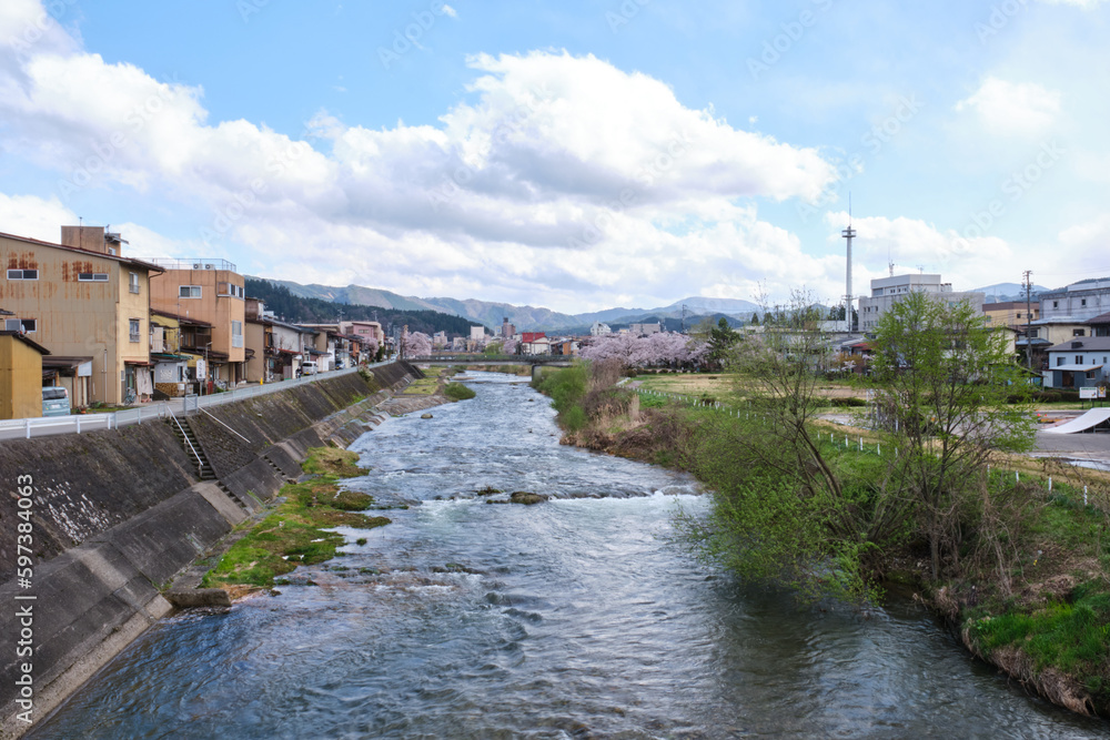Miyagawa River landscape in Takayama, Hida, Gifu, Japan in April, 2023.