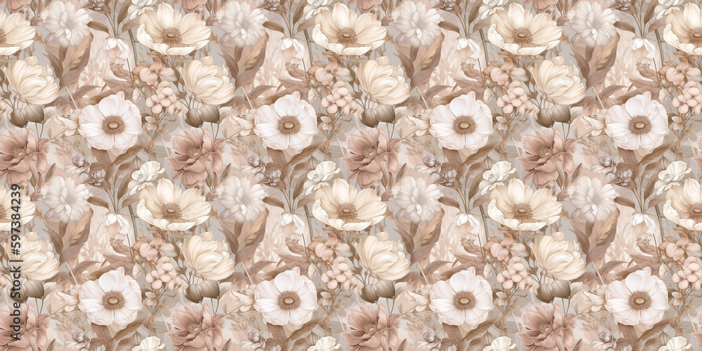 Abstract flowers seamless pattern. Seamless repeat pattern for wallpaper, fabric and paper packaging, curtains, duvet covers, pillows, digital print design. Digital ai art	
