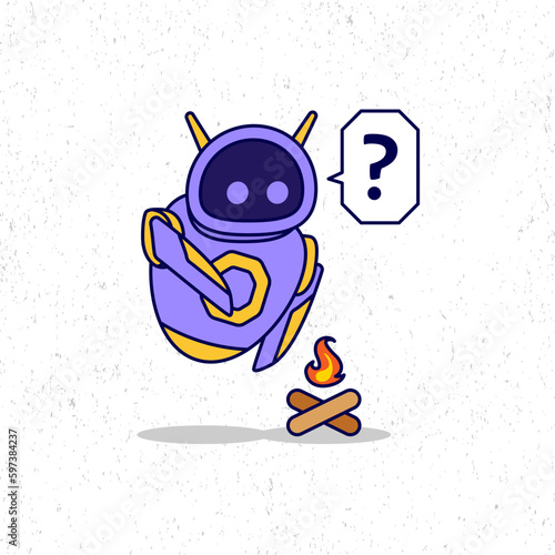 Cute purple robot curious with bonfire icon illustration. Flat cartoon character design. Suitable for mascot, graphic resources.